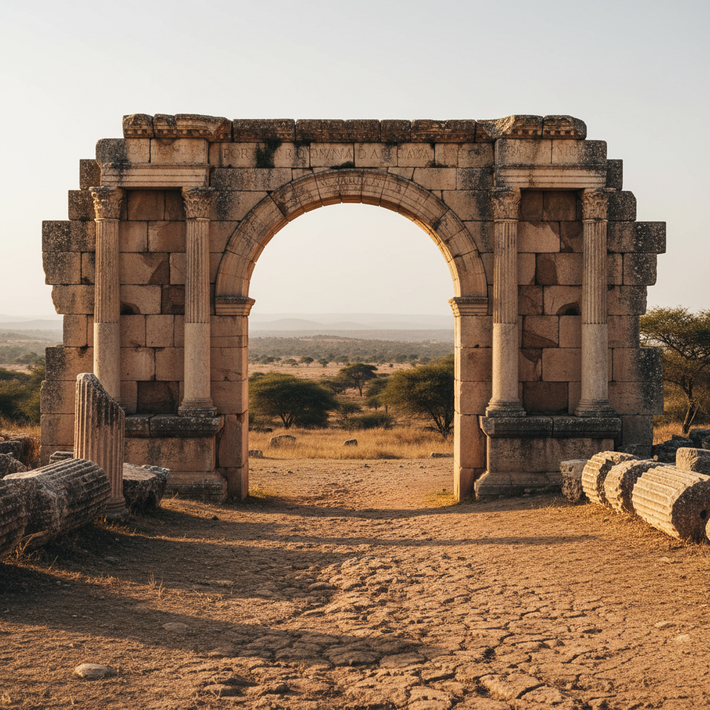 A medium-distance, eye-level photograph of a weathered stone gateway at the edge of an African archaeological site associated with the Roman world. The gateway is partially collapsed, with carved Latin inscriptions eroded almost to illegibility, flanked by scattered column drums and broken capitals half-buried in dry, ochre soil. In the distance, low hills and sparse vegetation fade into a hazy horizon. Late afternoon golden light rakes across the stones, emphasizing chisel marks and cracks, casting long, contemplative shadows. The mood is reflective and slightly austere, evoking thresholds and barriers. The composition leads the eye through the opening toward the landscape beyond, symbolizing questions of who passed through into the so-called civilized world.